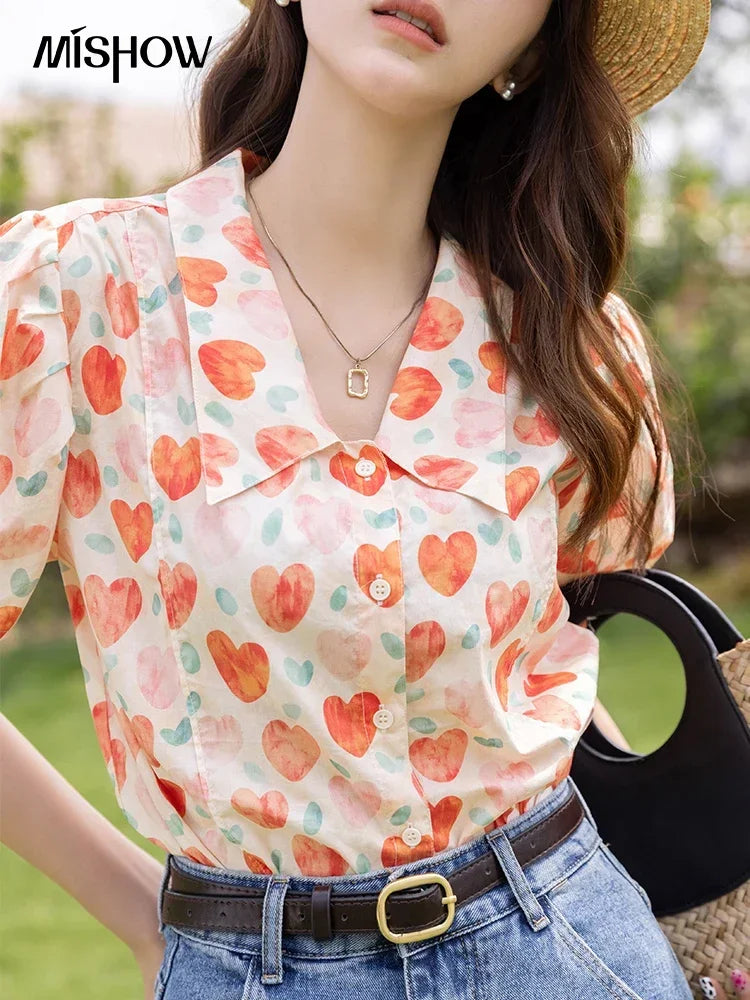 MISHOW Korean Floral Blouse Polo-Neck Puff Sleeve MXB27C0450