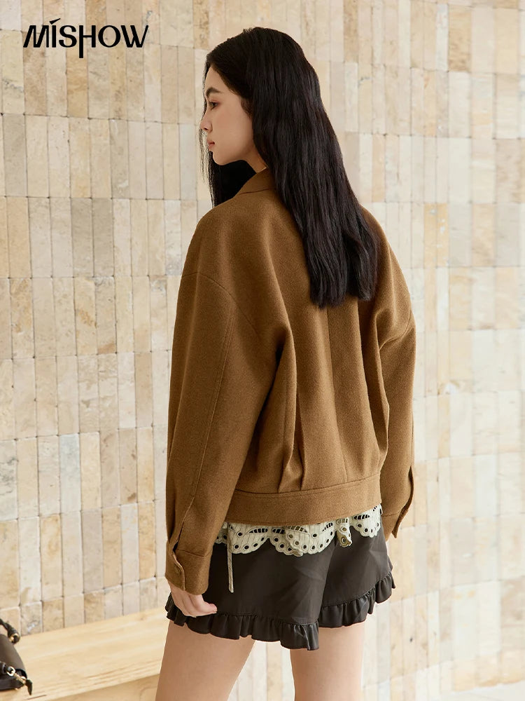 Mishow Brown Hollow Out Embroidery Woolen Coat MXE49W0856