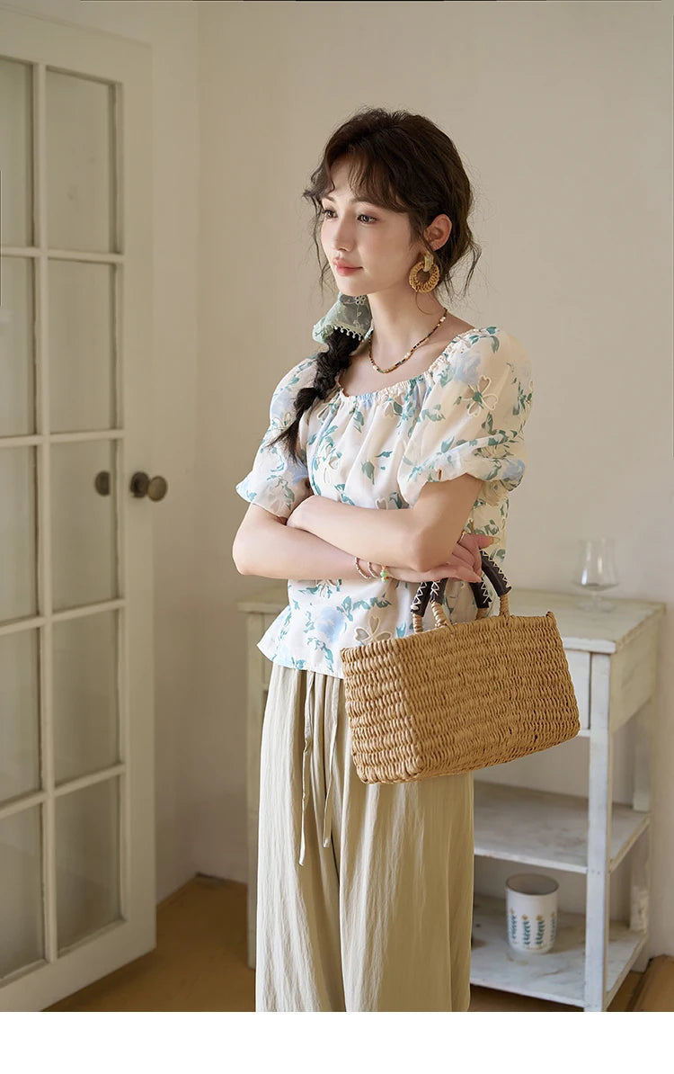 MISHOW Floral Hollow Blouse Square Collar Puff Sleeve MXD29X1602