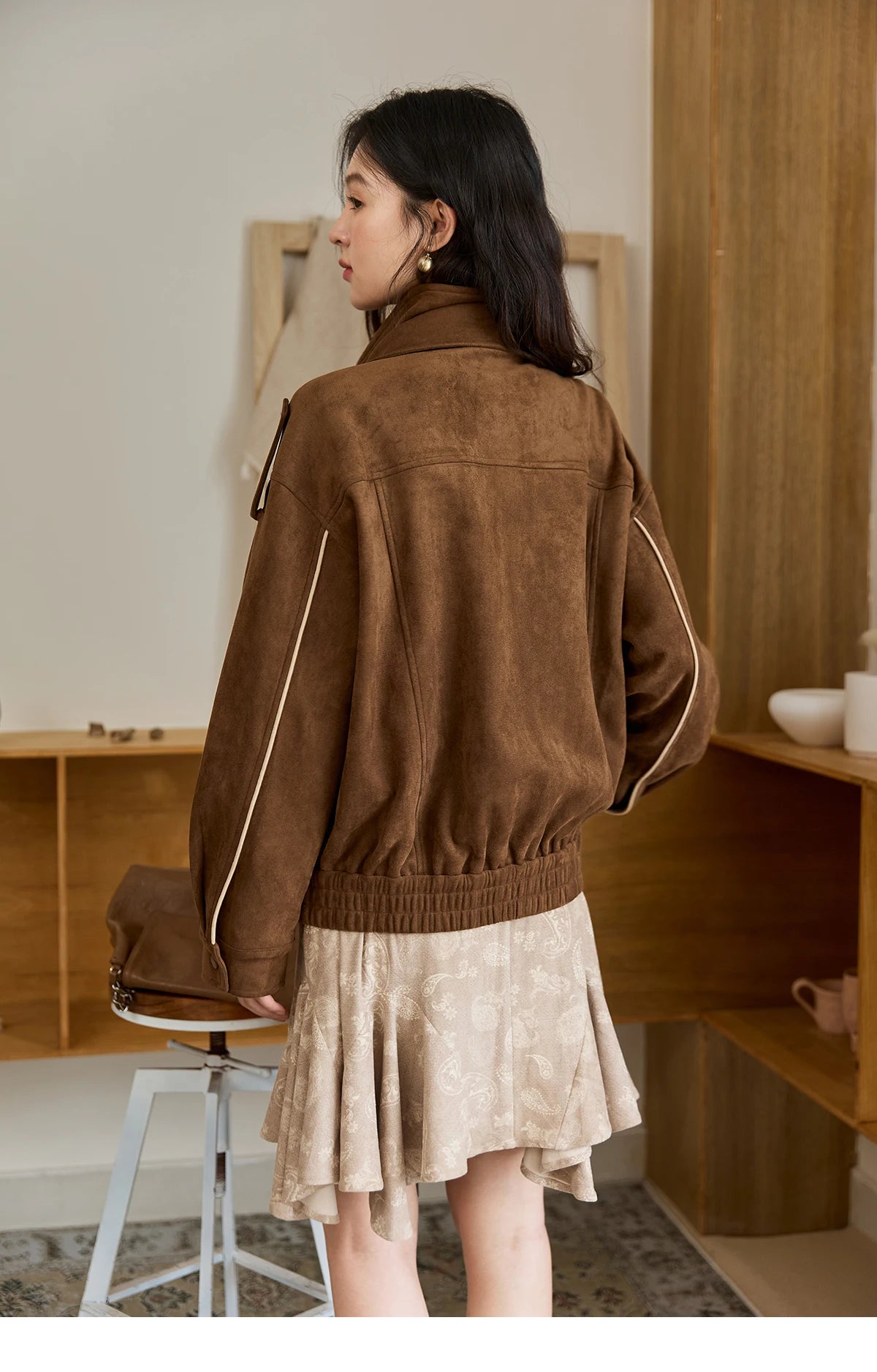 MISHOW Brown Suede Short Jacket Split Turn Down Collar MXE48W0850