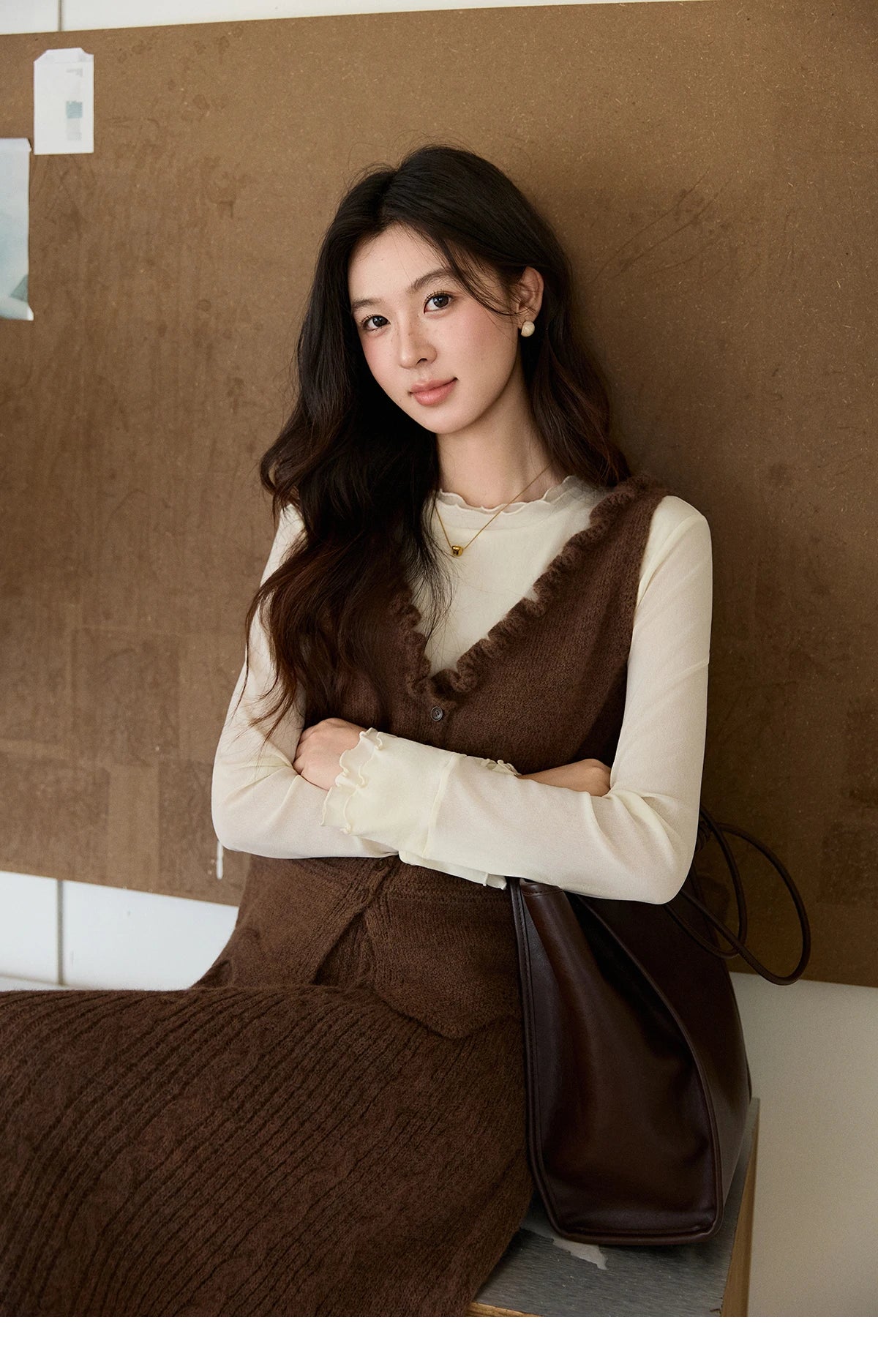 Mishow Brown Knitted Vest & Cable Knit Maxi Skirt Set MXF11T1460