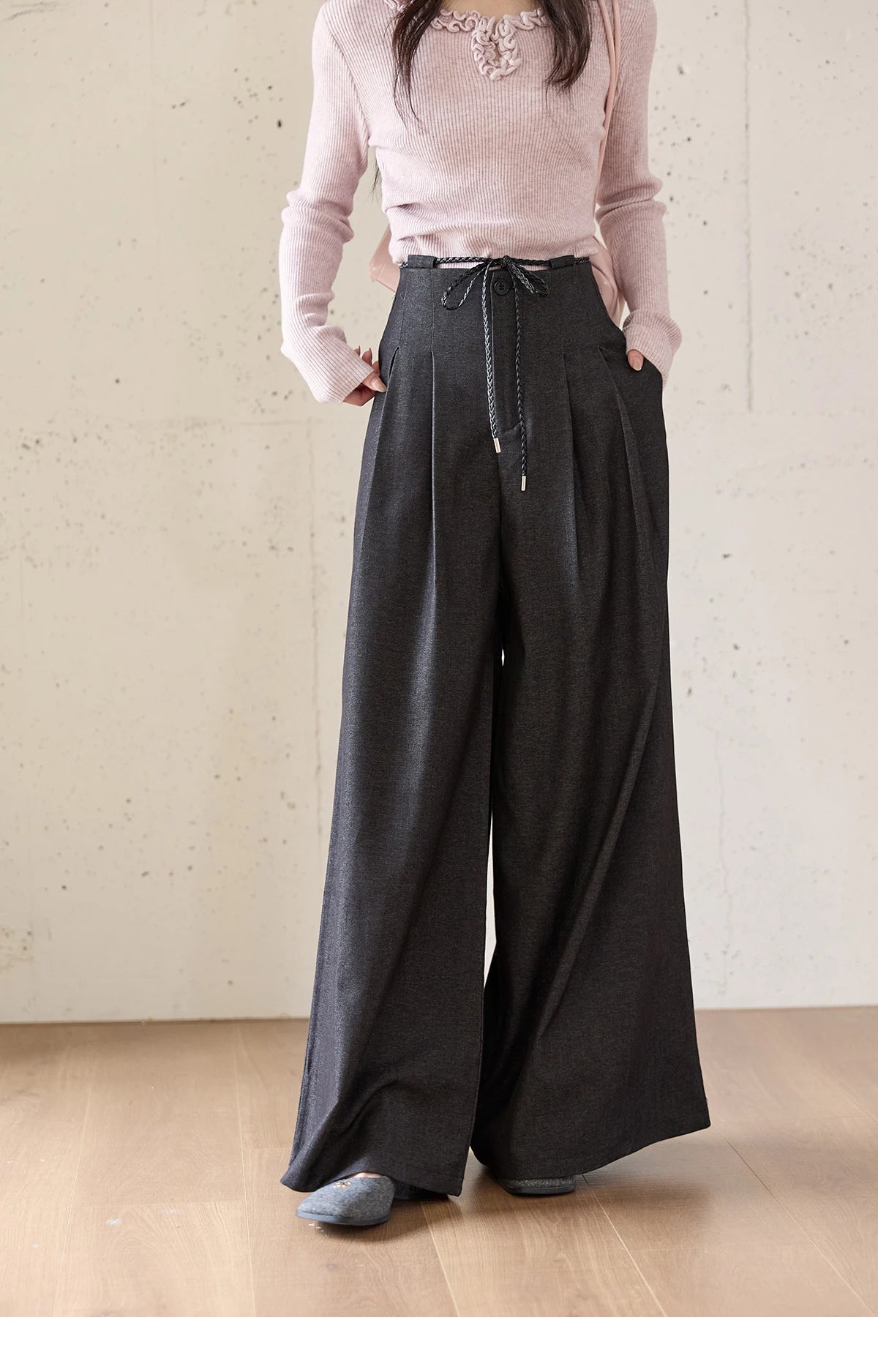 MISHOW Gray Wide-Leg Pants Lace-Up High Waist Slim MXE51K1106