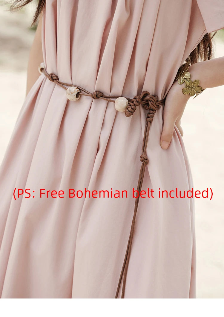 Mishow Bohemian Pink Square Collar Belt Dress MXE33L2158