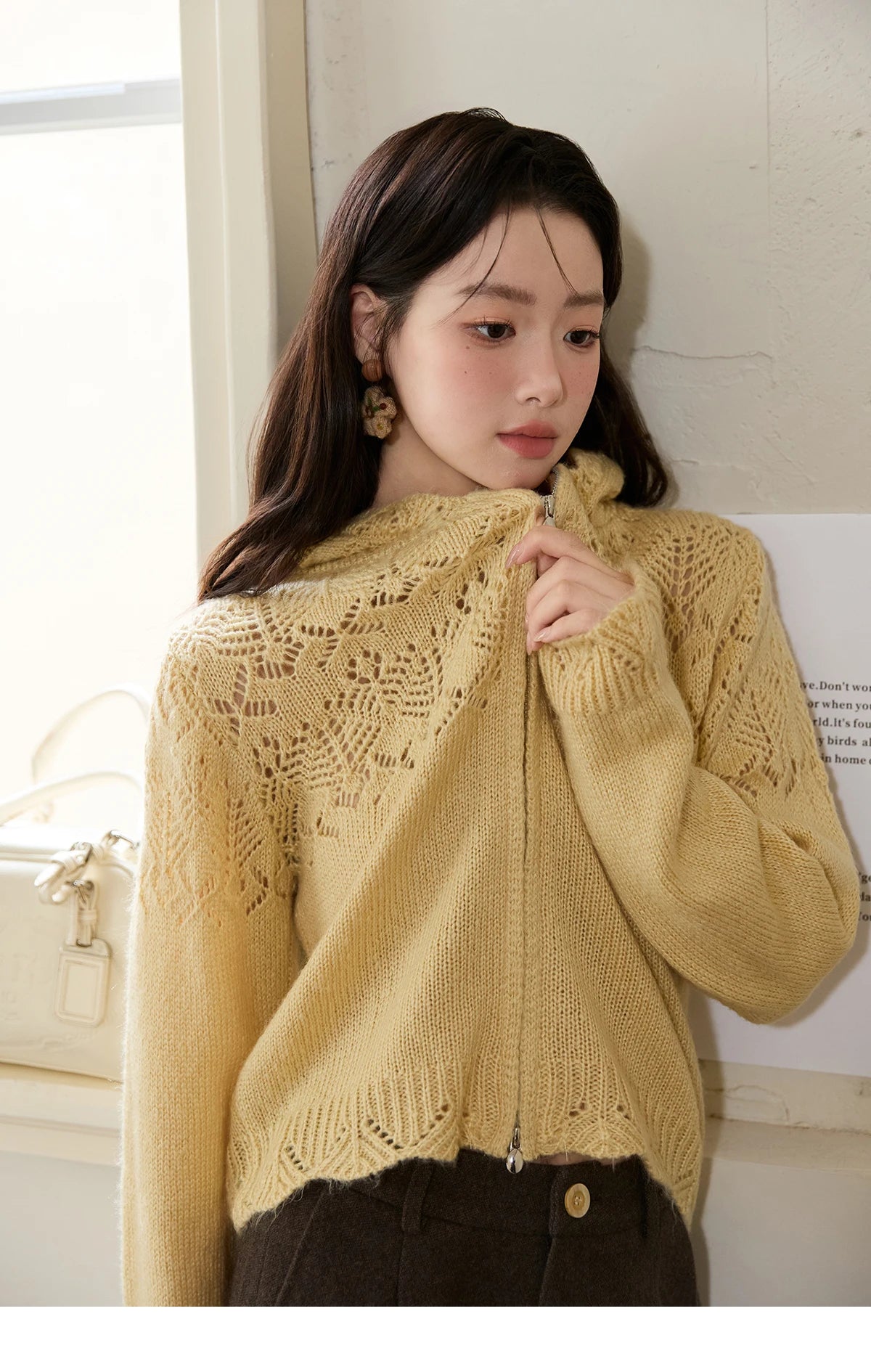 Mishow Yellow Hooded Zipper Hollow Cardigan MXE46Z2584