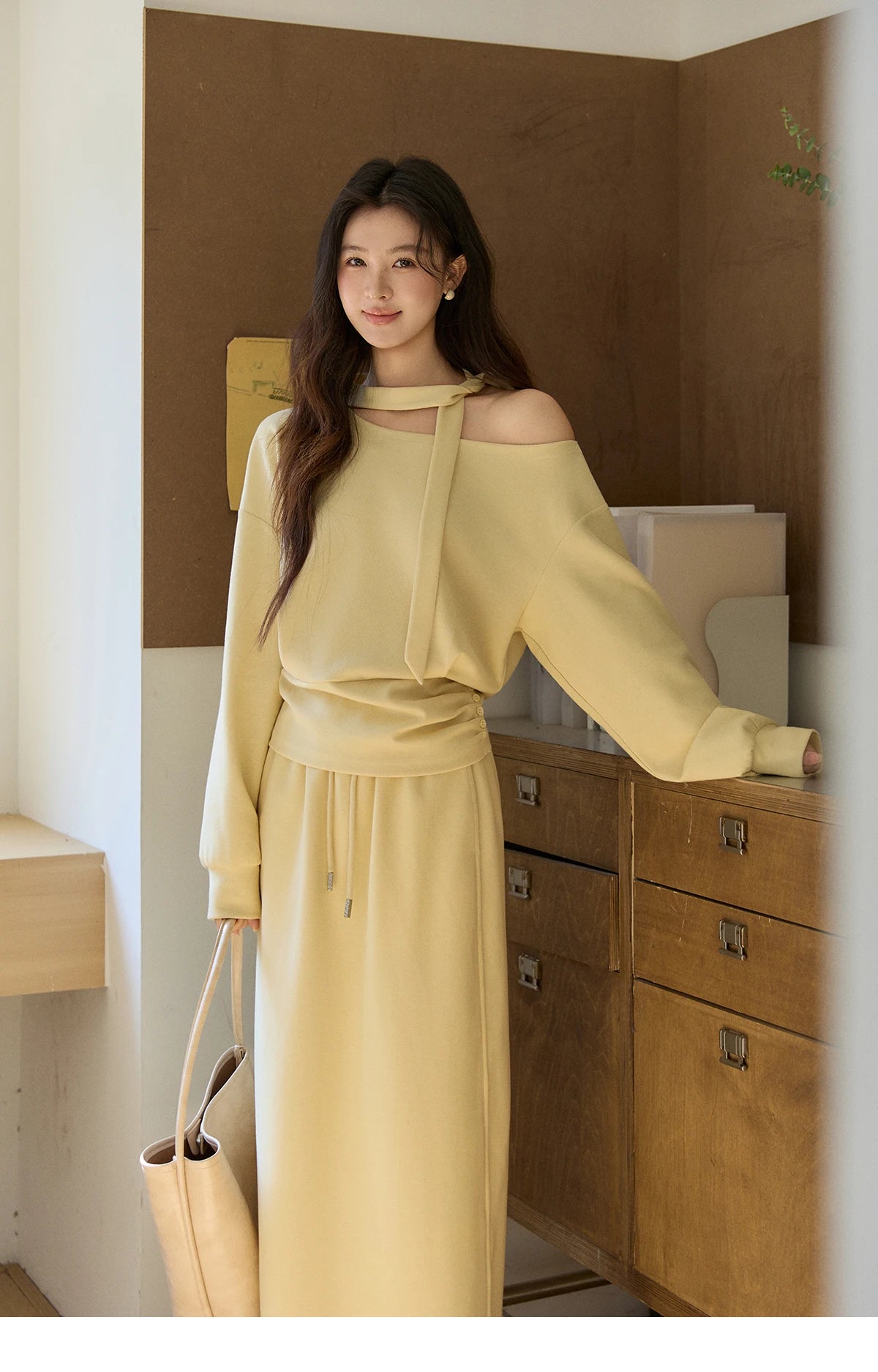 Mishow Light Yellow Off-Shoulder Top & Rear Fork Midi Skirt Set MXE11T1489