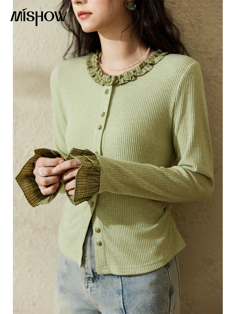 Mishow Green Plaid Lotus Leaf Sleeve Tee MXE14Z1152