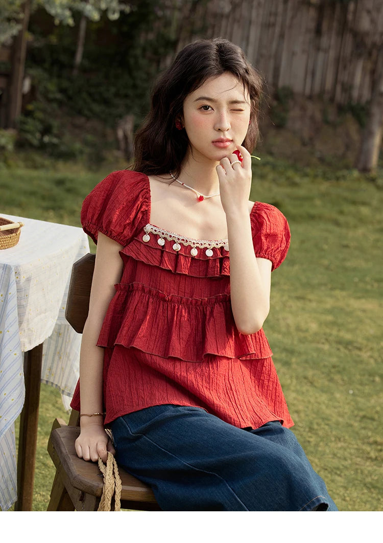 MISHOW French Square Collar Blouse Cake Ribbon Short Sleeve MXE33X1763