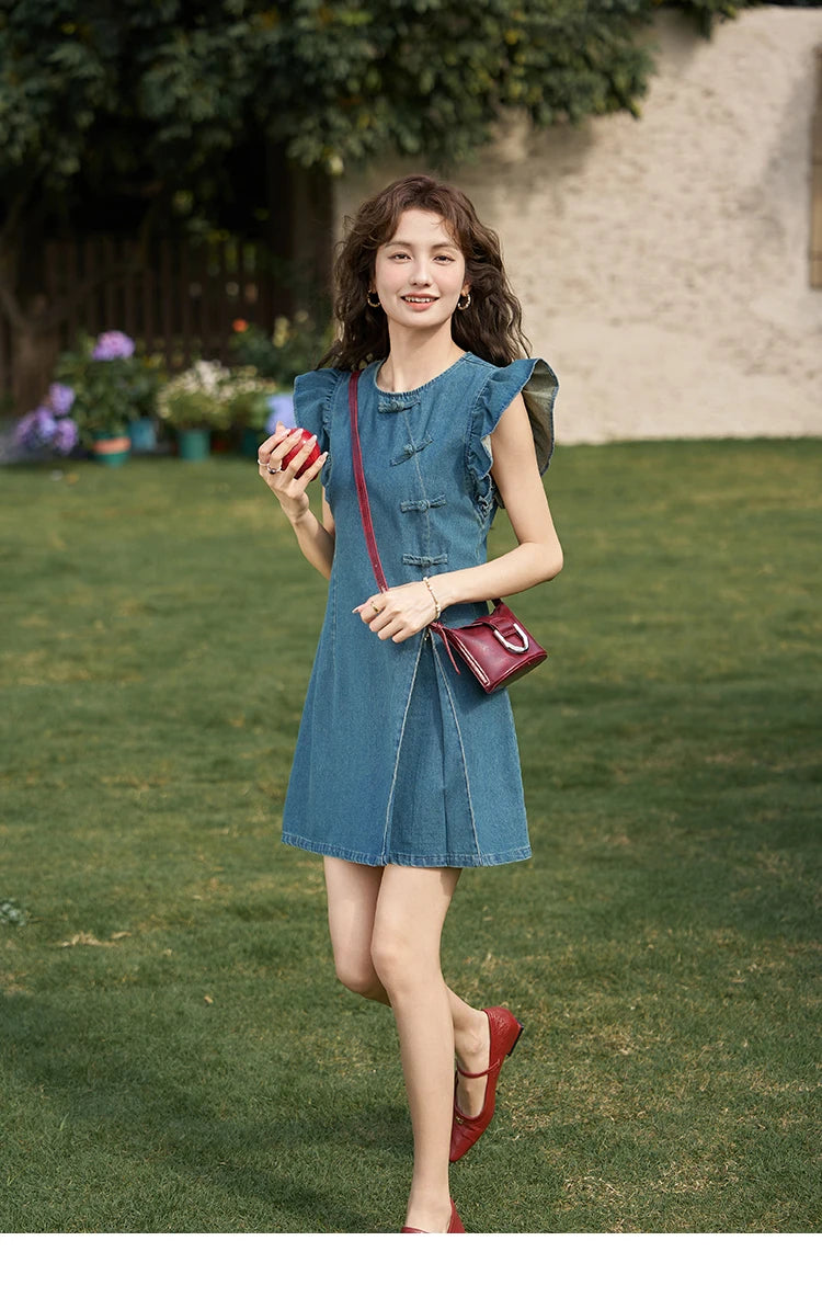 Mishow Chinese Flying Sleeve Split Denim Dress MXD22L1851