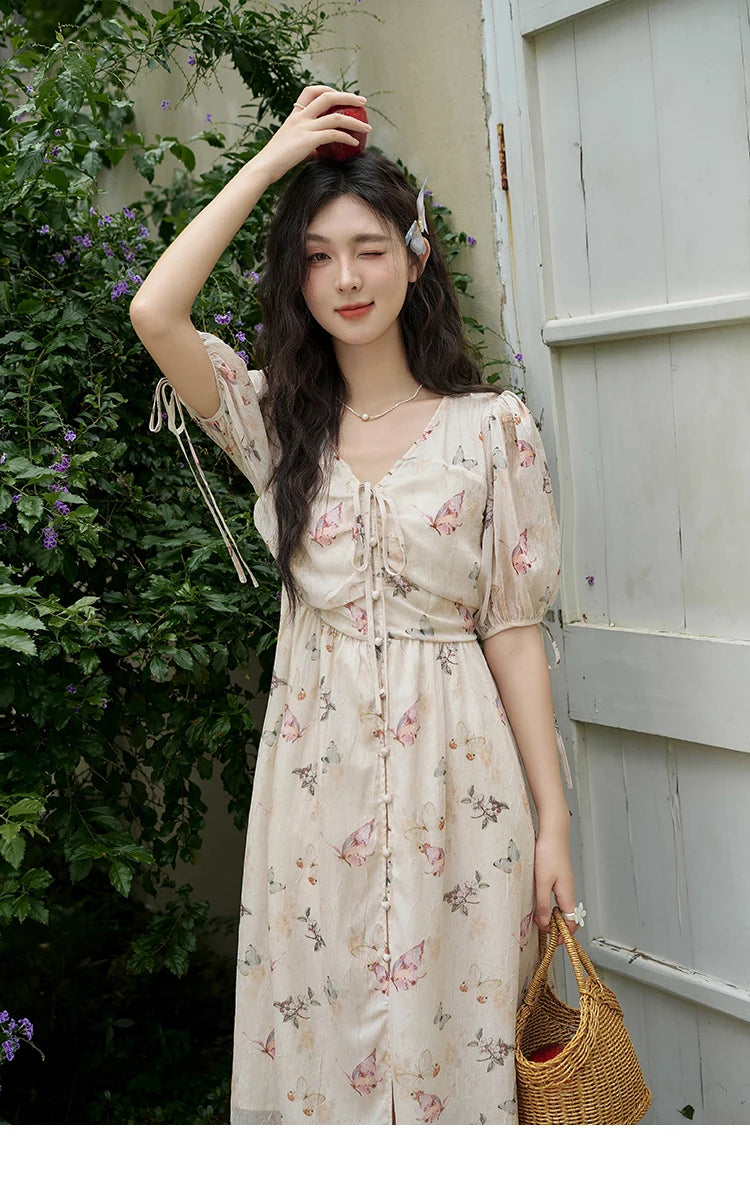 Mishow Butterfly Print V-Neck Lace-Up Bubble Sleeve Dress MXD15L1778
