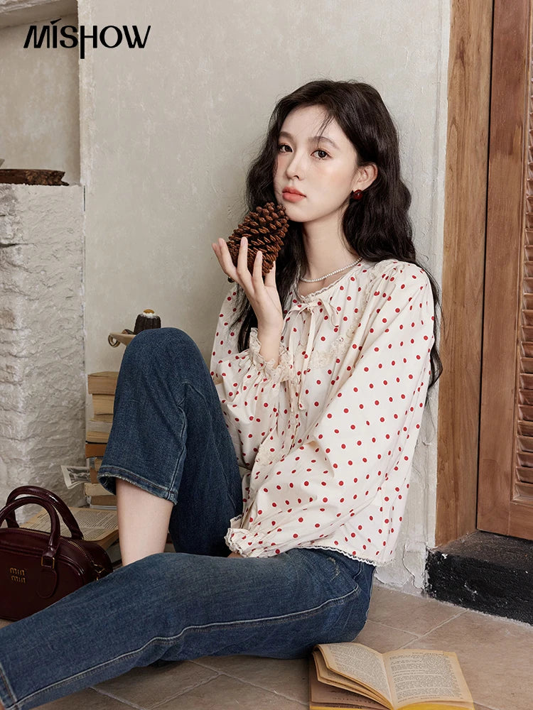 MISHOW Lace Up Polka Dot Round Neck Lace Shirt Elastic Petal Cuffs MXD44X1667