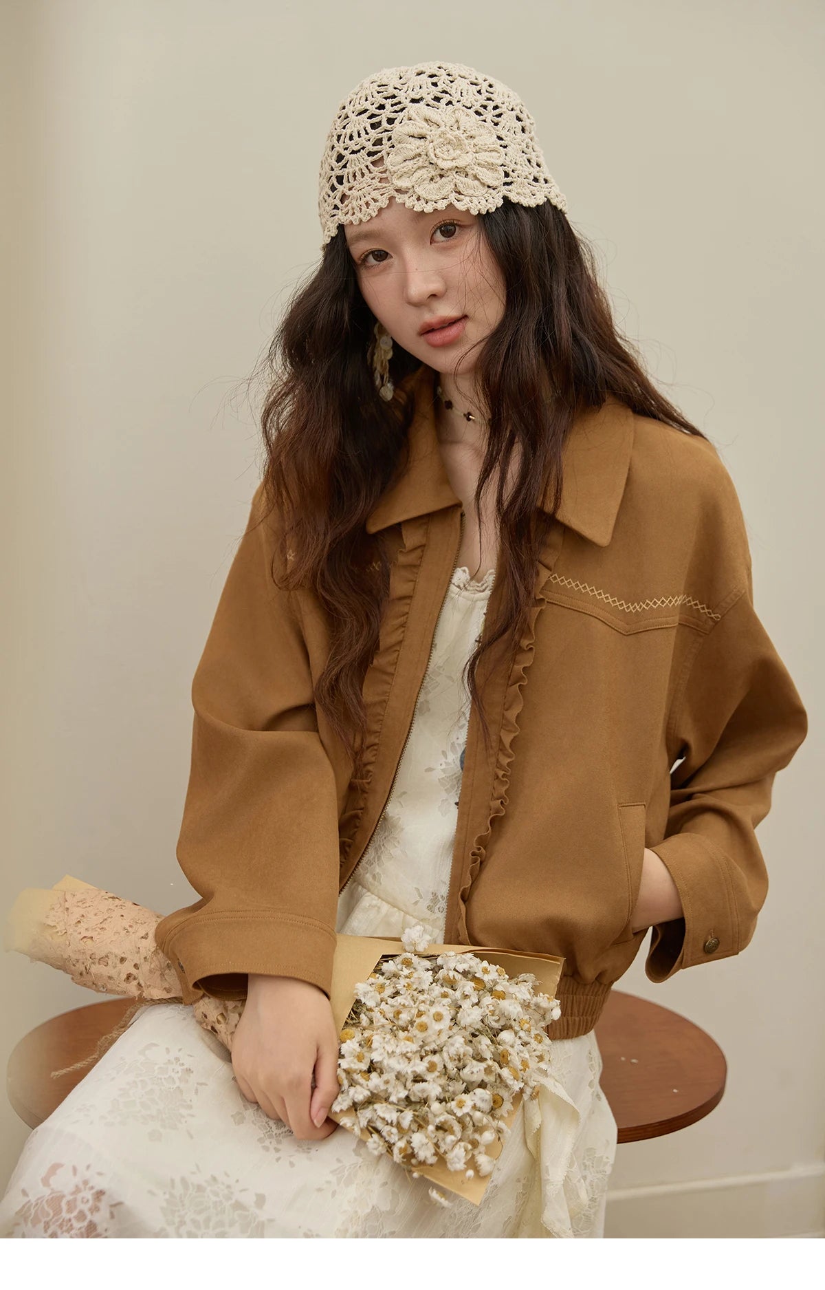 MISHOW Brown Suede Short Coat Fungus Edge Pleating Lapel Zipper MXE43W0803