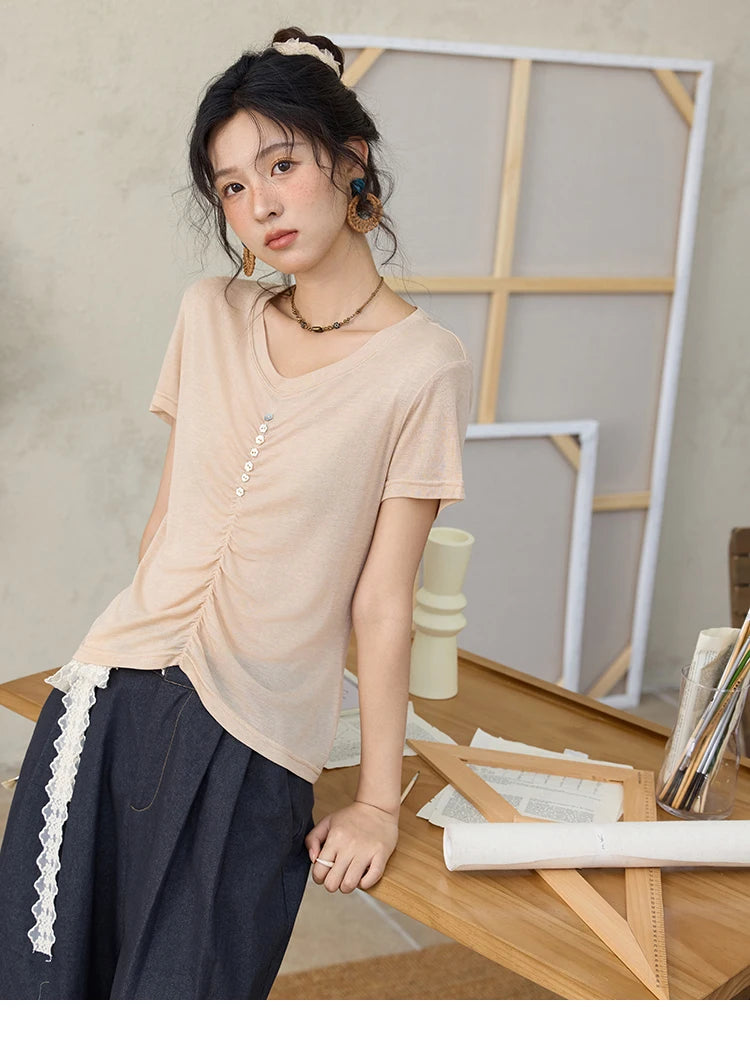 Mishow V-Neck Front Elastic Shell Button Tee MXE34T0560