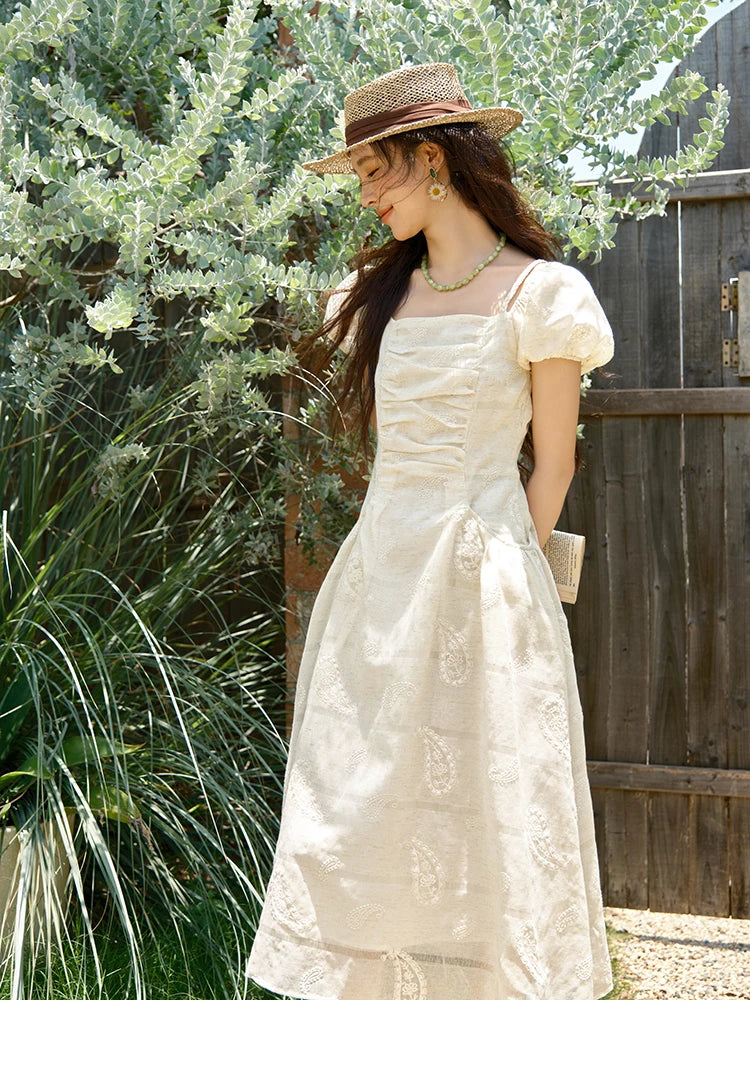 Mishow Paisley Embroidery Square Neck Puff Sleeve Dress MXE34L2265