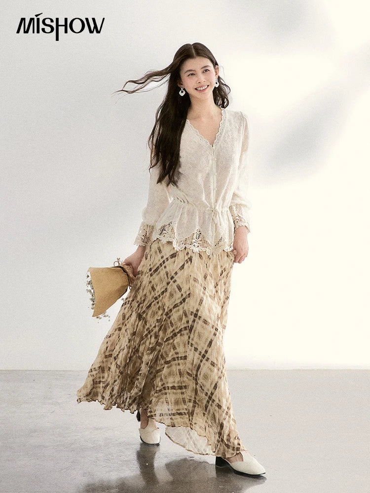 MISHOW Lace V-Neck Blouse Drawstring Waist Ruffled Hem MXF108X0998
