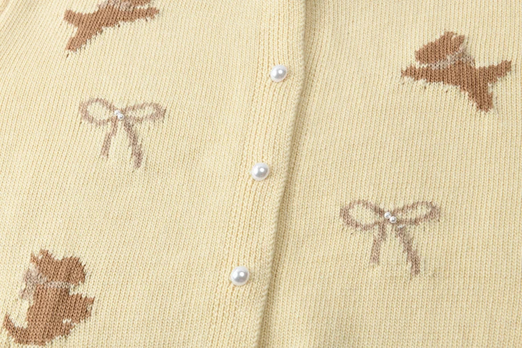 Mishow Yellow Dog Bow Jacquard Pearl Button Sweater MXE13Z1197