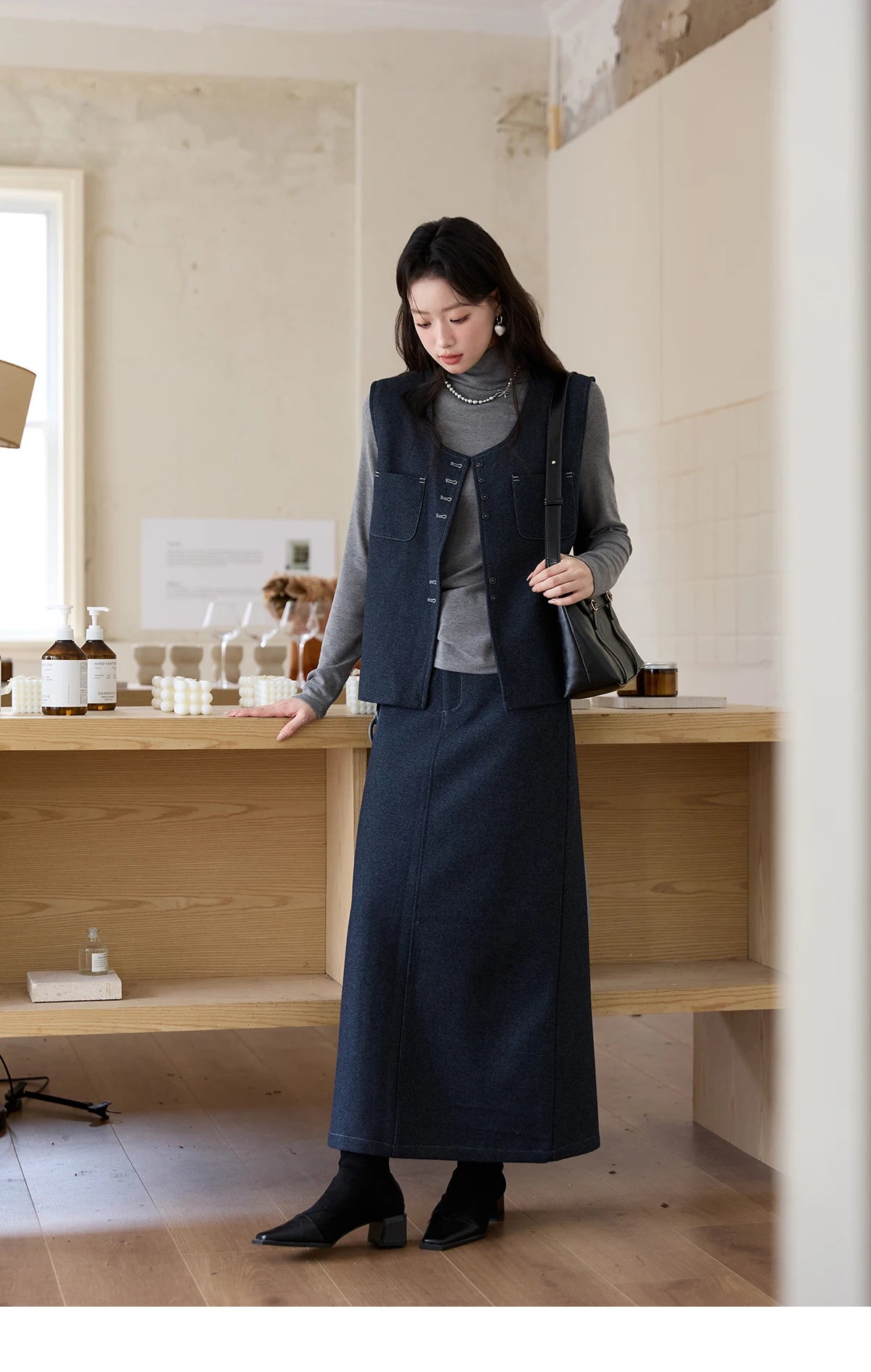 Mishow Blue Sleeveless Vest & Knit Top & Midi Skirt 3-Piece Set MXE49T1421