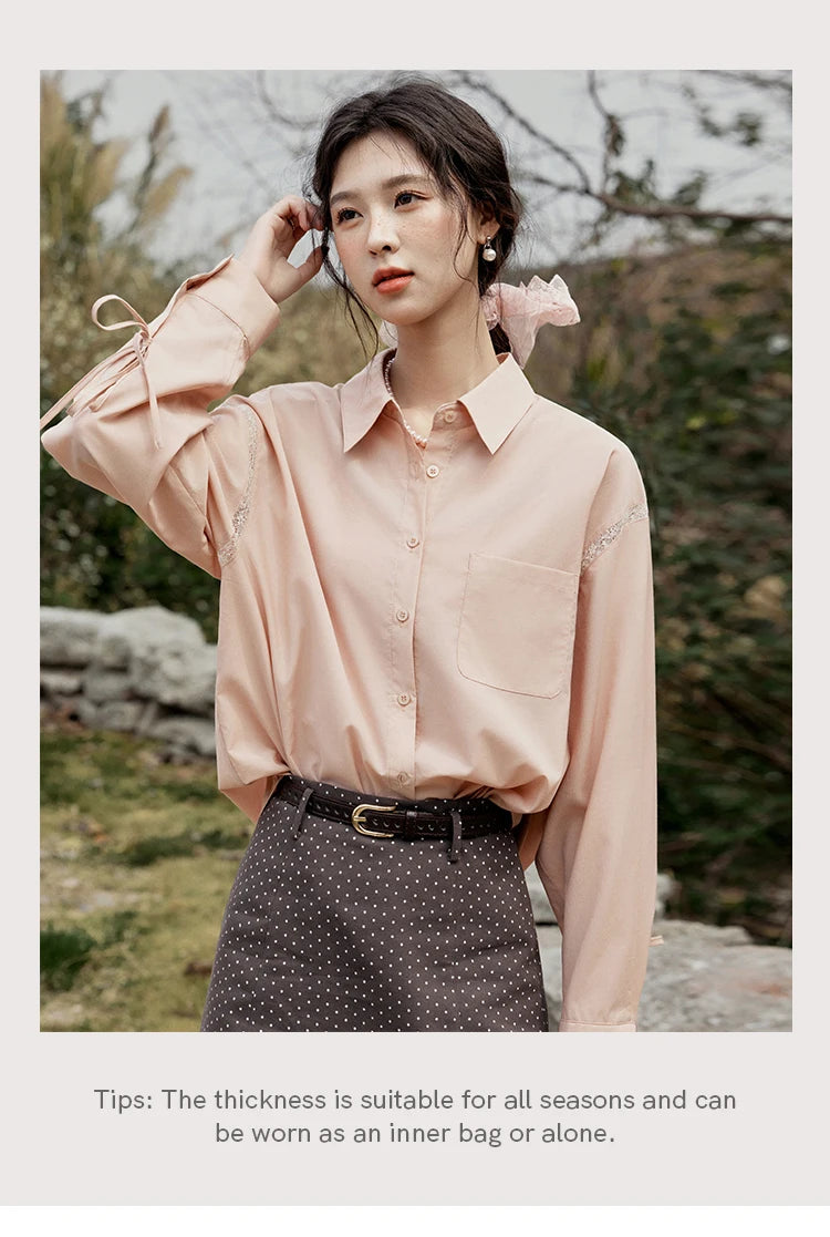 MISHOW Pink Long Sleeve Shirt Lace Bow Tie MXE16C0767