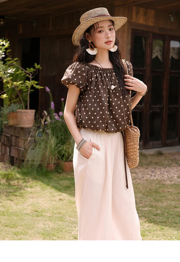 Mishow Polka Dot One Shoulder Puff Sleeve Top & Wide Leg Pants Set MXE38T0683