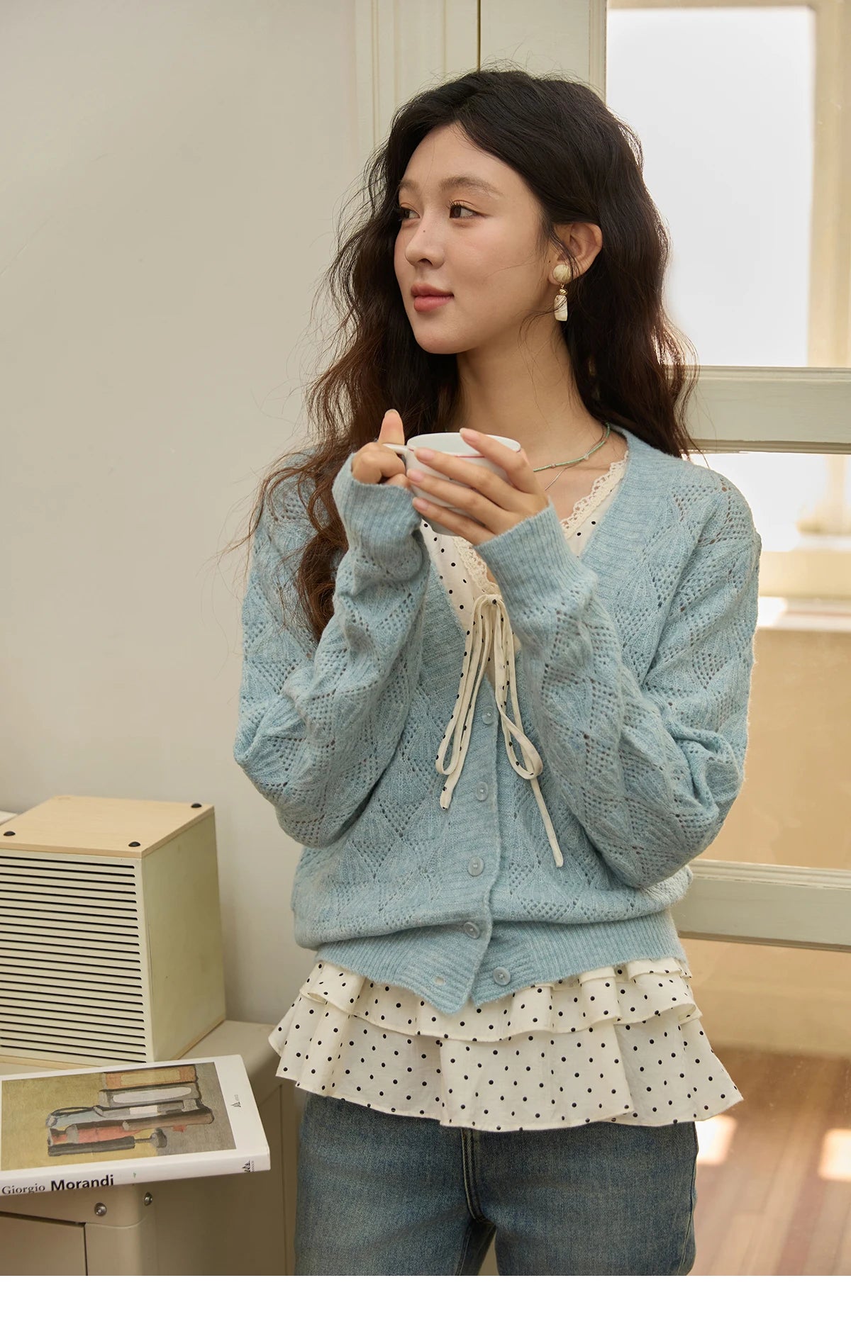Mishow Blue Argyle Dropped Sleeve Wool Cardigan MXE41Z1313