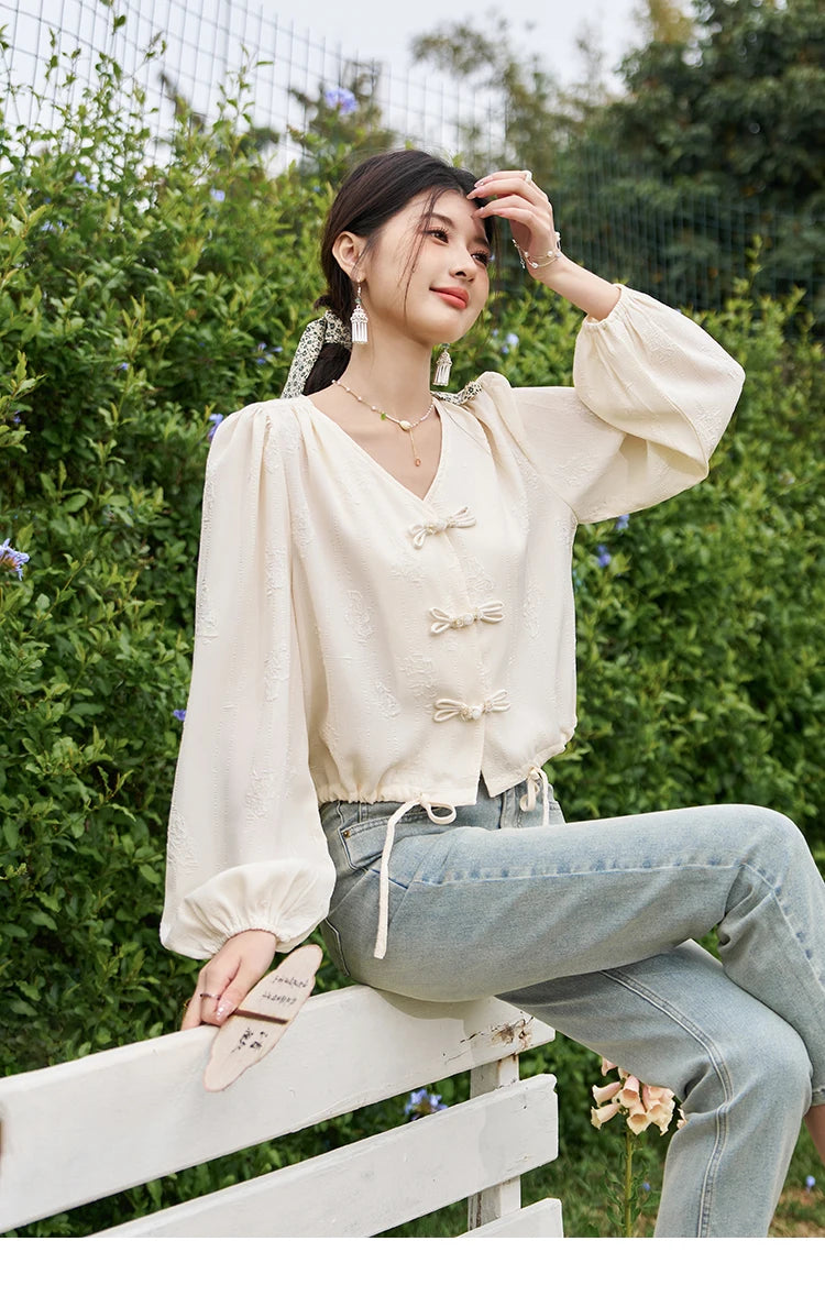 MISHOW Chinese Button Up Shirt Jacquard Drawstring Puff Sleeve MXD14X1386