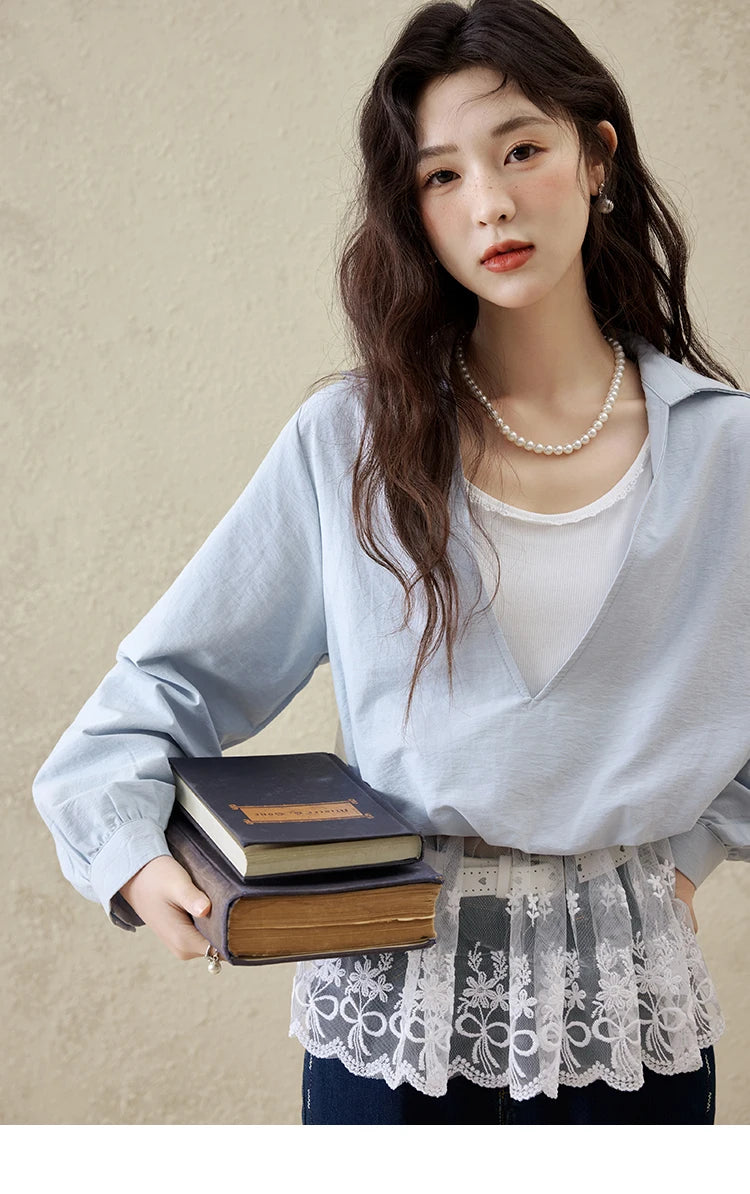 MISHOW French Fake Two-Piece Blouse Turn-Down Collar Lace Splicing MXE16C0783