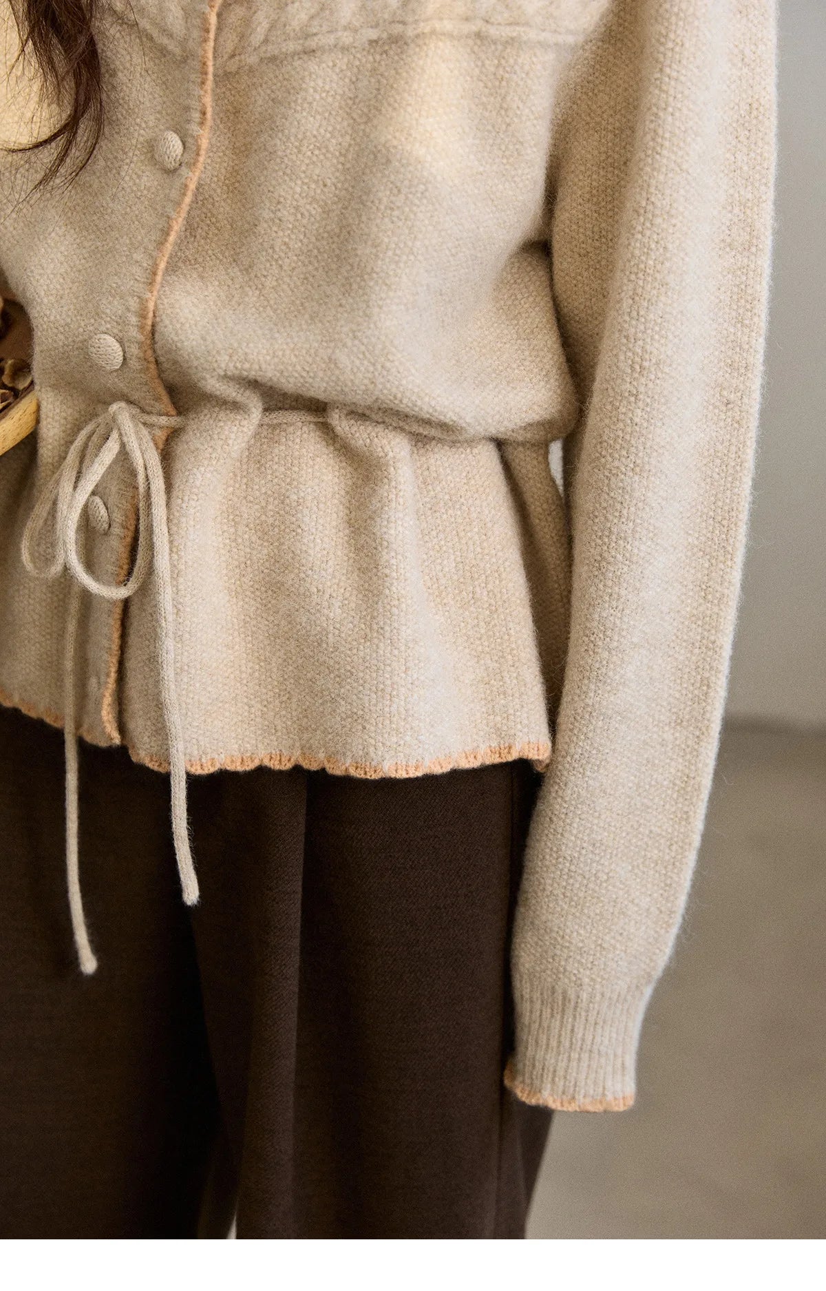 Mishow Apricot Hand-Embroidered Wool Blend Waist Tie Cardigan MXE87Z2702