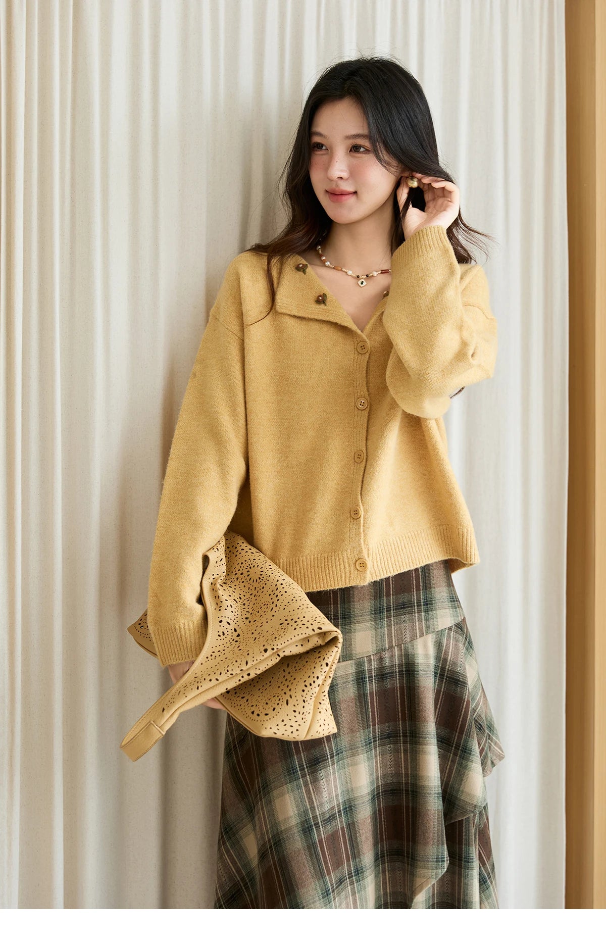 Mishow Yellow Handmade Flower Turn-Down Collar Cardigan MXE47Z2591