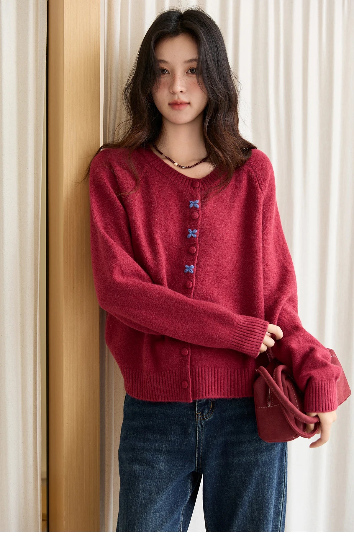 Mishow Red Round Neck Embroidered Cardigan MXE47Z2621