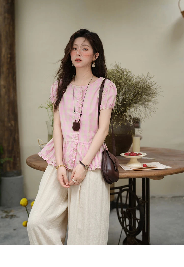MISHOW Pink Plaid Puff Sleeve Shirt O-Neck Button MXE39X1932