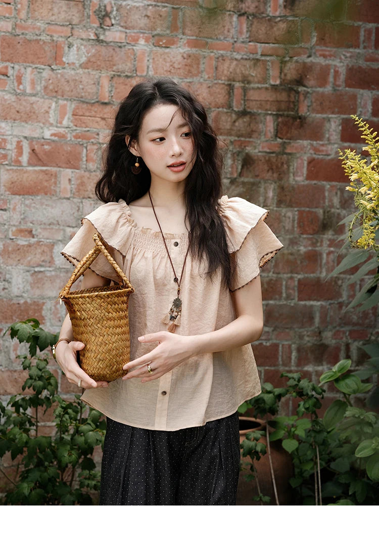 MISHOW Butterfly Sleeve Blouse Square Neck Button Loose MXE37X1854