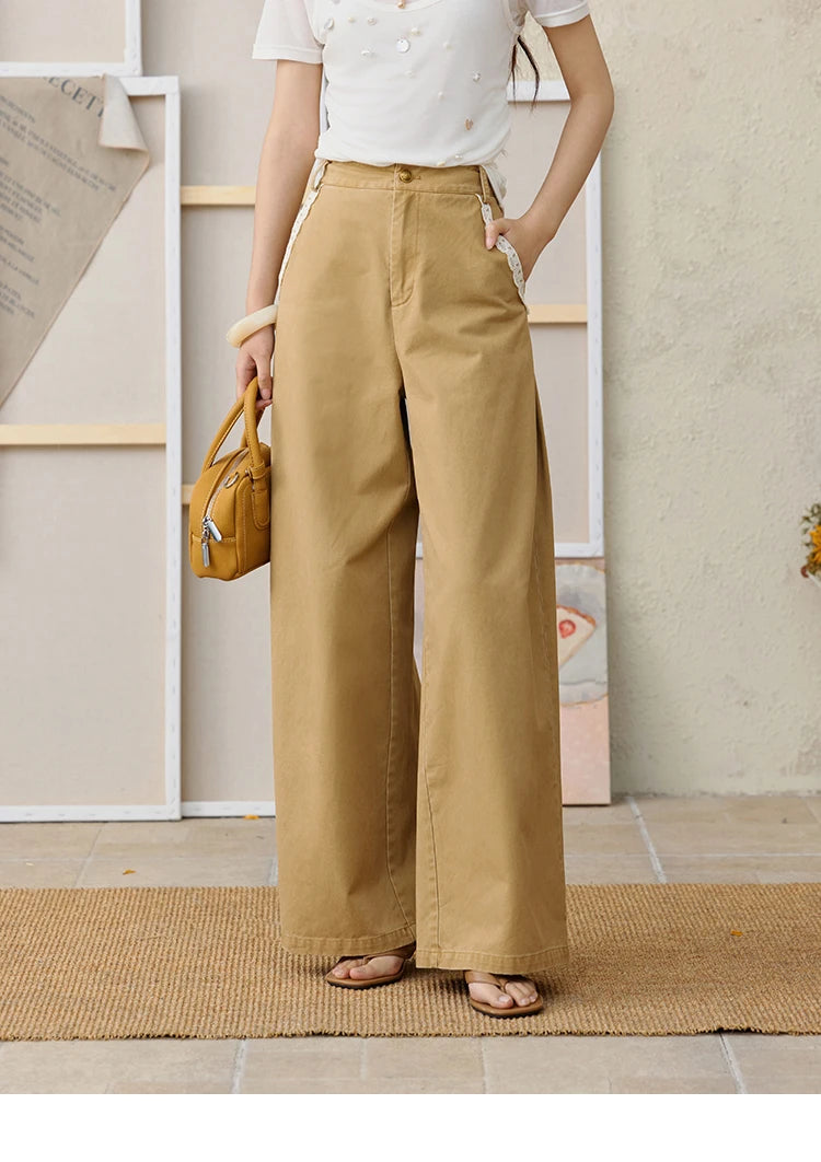 MISHOW Cotton Khaki Lace Patchwork Wide Leg Pants High Waist MXE34K0925