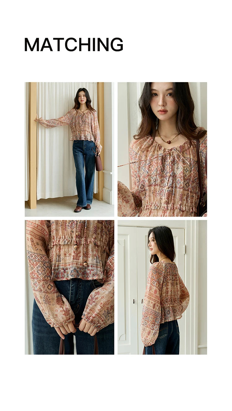 MISHOW National Style Printed Blouse Round Neck Drop Sleeve MXE47X2508