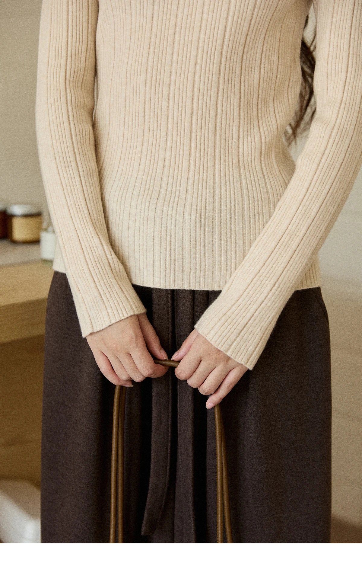 Mishow Solid Turtleneck Vertical Ribbed Slim Top MXE86Z2656
