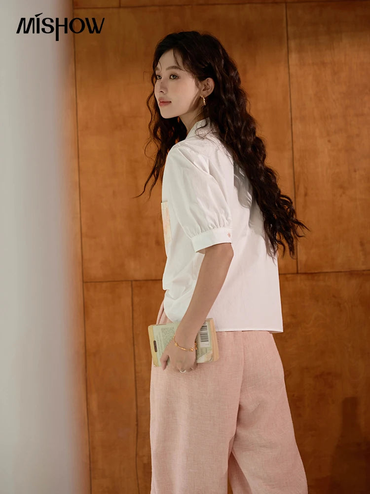 MISHOW Cotton Short Sleeve Shirt Embroidered Pocket Puff Sleeve MXD26C0243