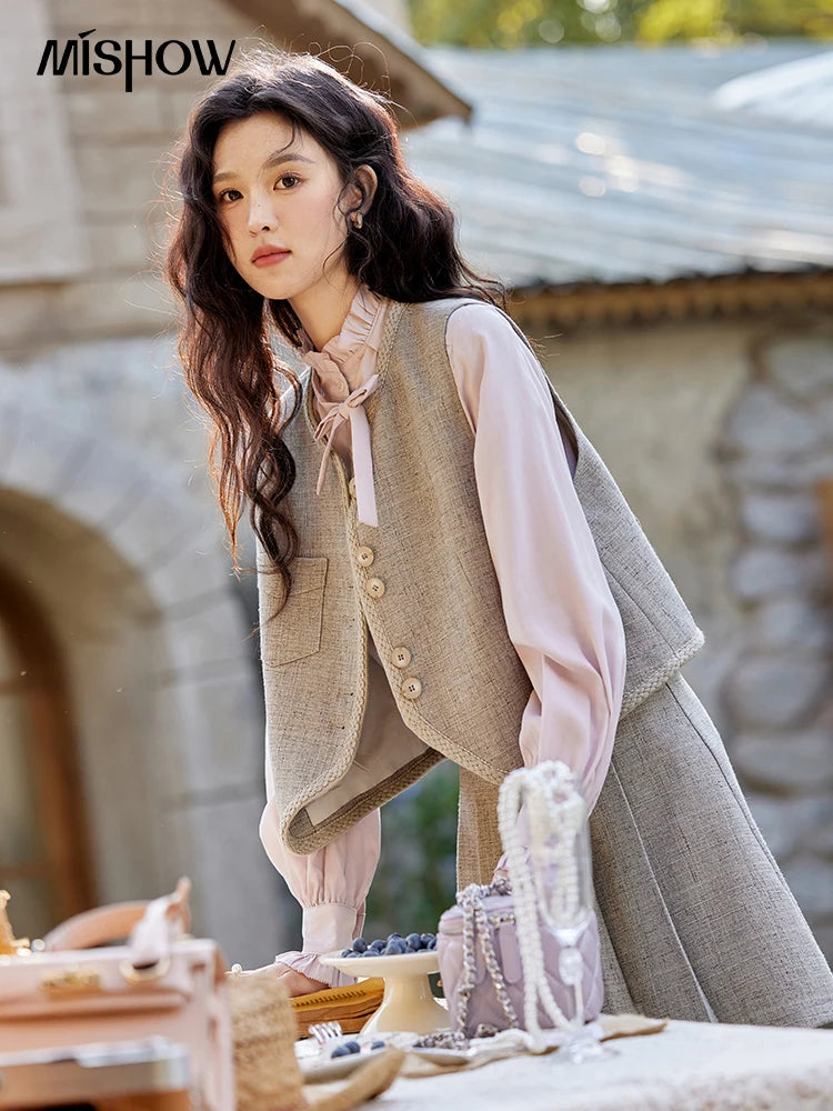 Mishow Korean Woolen Vest & Pleated Mini Skirt Set MXE13W0708