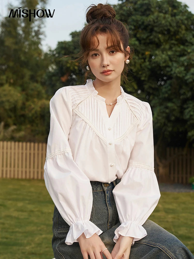 MISHOW French Pleated V-Neck Shirt Petal Patchwork Ruffle Sleeve MXD13X1354