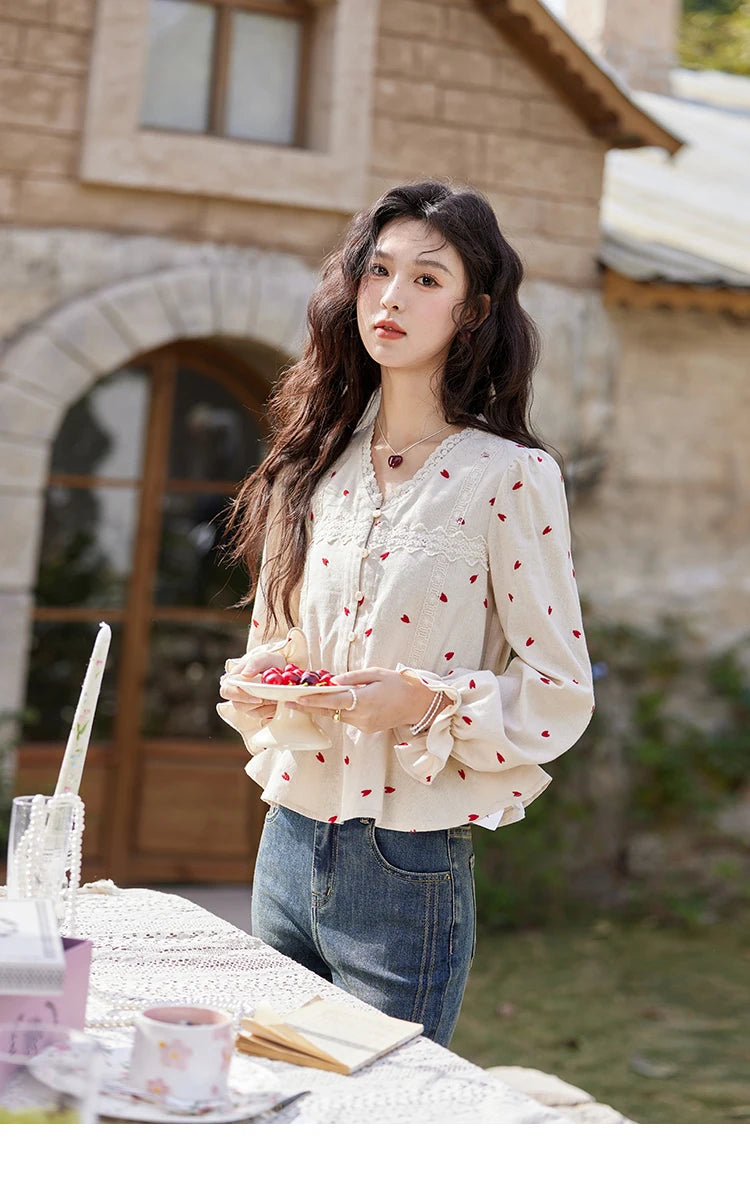 MISHOW Love Embroidered V-Neck Blouse Waist Ruffle MXE13X1700