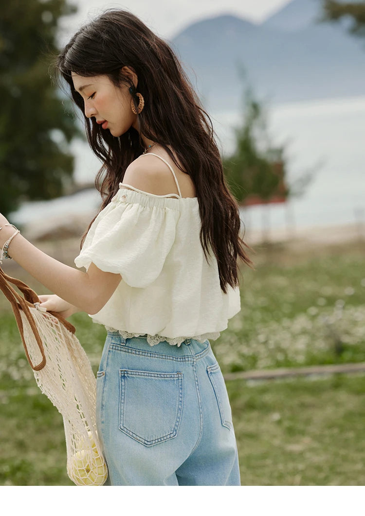 MISHOW French Camisole Shirt Off-Shoulder Lace Puff Sleeve MXE33X1755