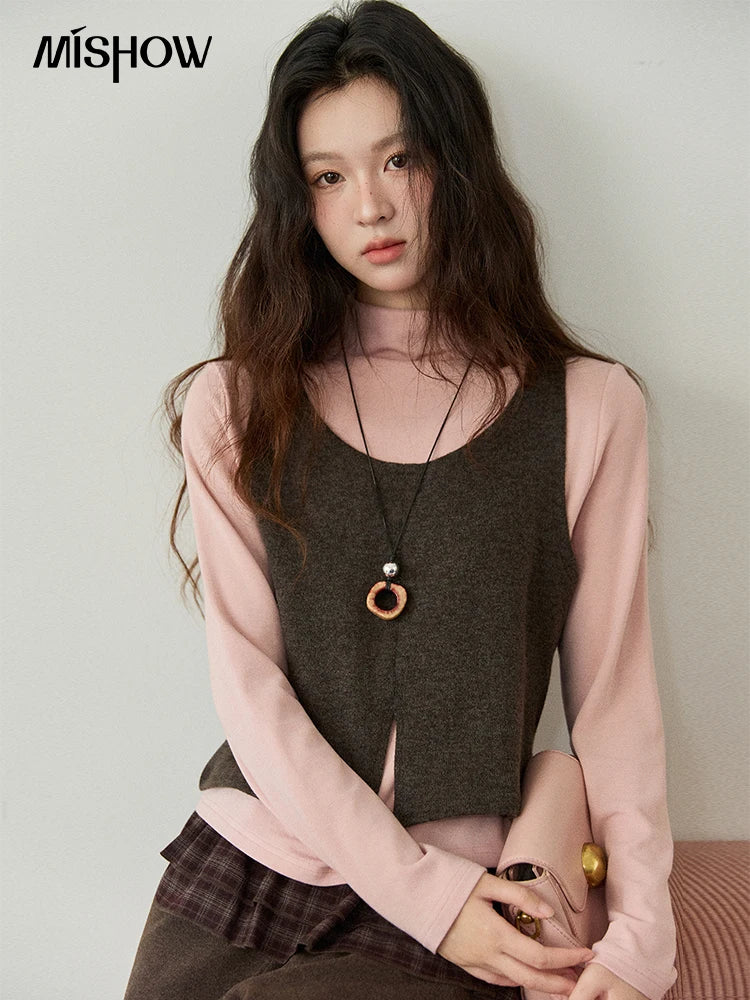 Mishow Retro Turtleneck Top & Square Collar Vest Set MXE88T1440