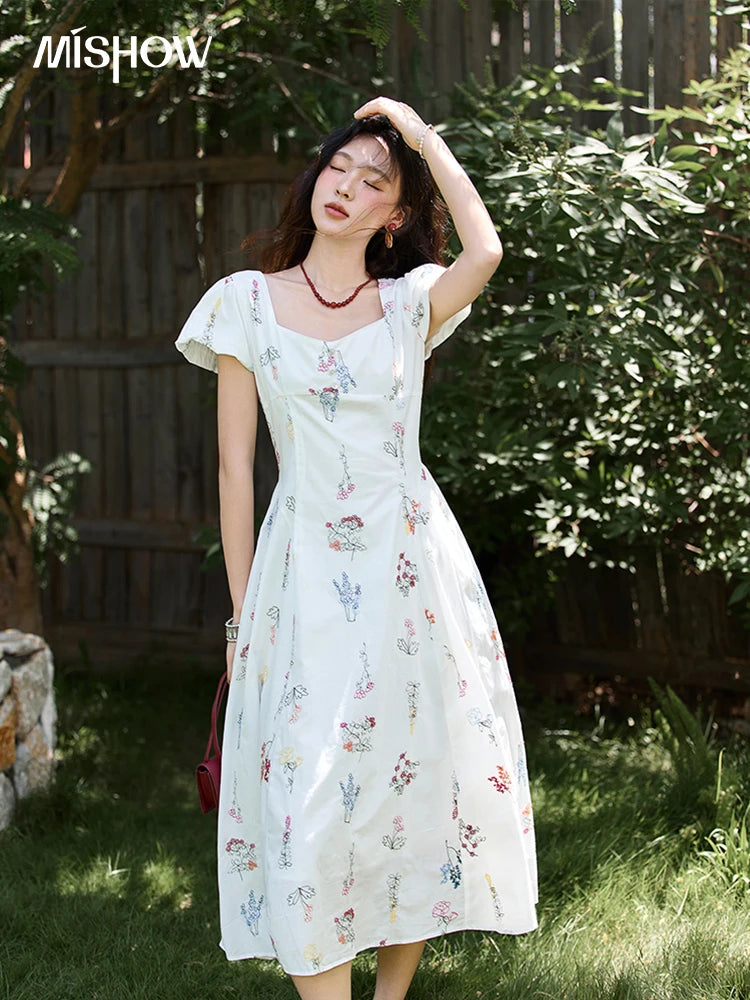 Mishow French Embroidery Square Neck Puff Sleeve Dress MXE39L2389