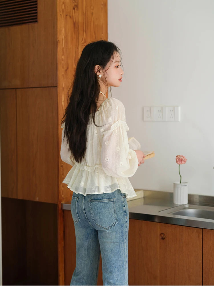 MISHOW Cashew Flower Embroidered Blouse V-Neck Lace Up Puff Sleeve MXE41X1945