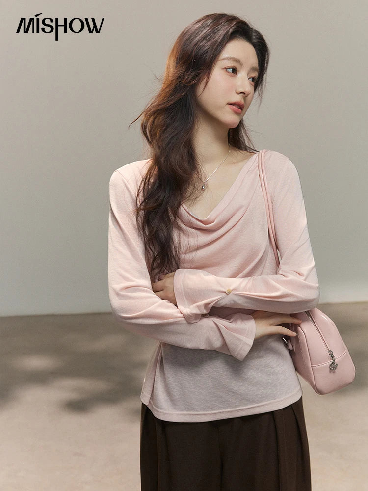 Mishow Multi Colored Swinging Collar Flare Sleeve Top MXF13T1473