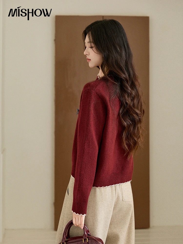 Mishow Burgundy Poodle Pattern Ruffled Trim Pullover MXE93Z2949