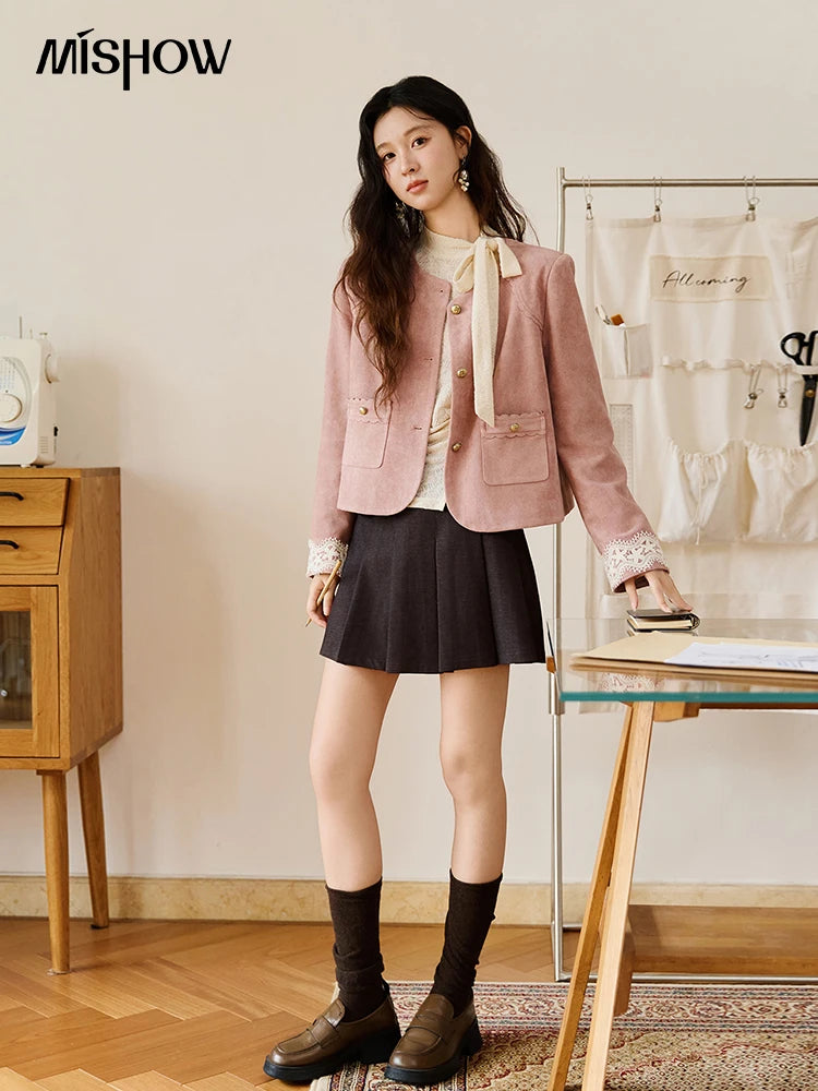 MISHOW Fragrant Suede Jacket Cuffs Hollowed Out Lace Metal Button MXE46W0839