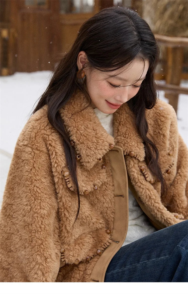 MISHOW Faux Lambskin Coat Turn-Down Collar Brown Loose MXE89W0896