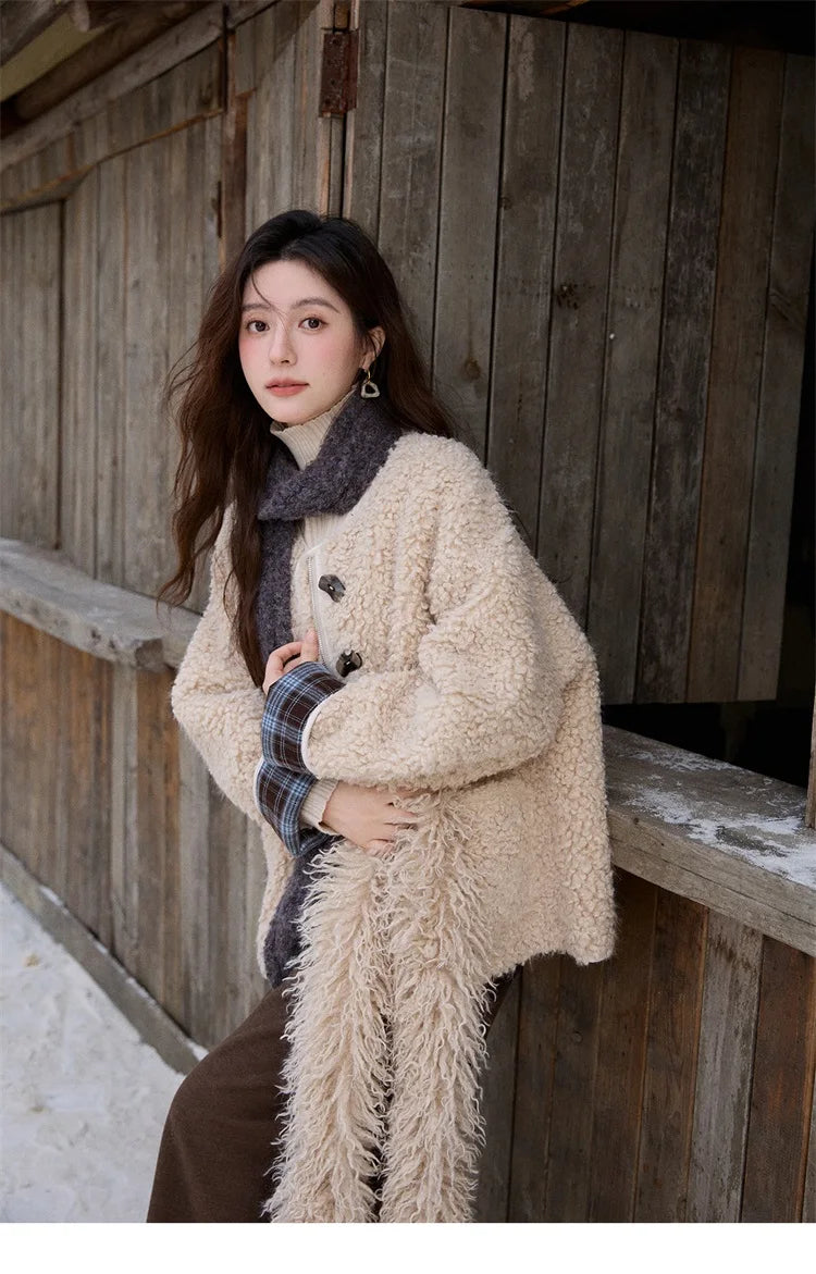 Mishow Plaid Patchwork Curly Lambswool Coat MXE87W0939
