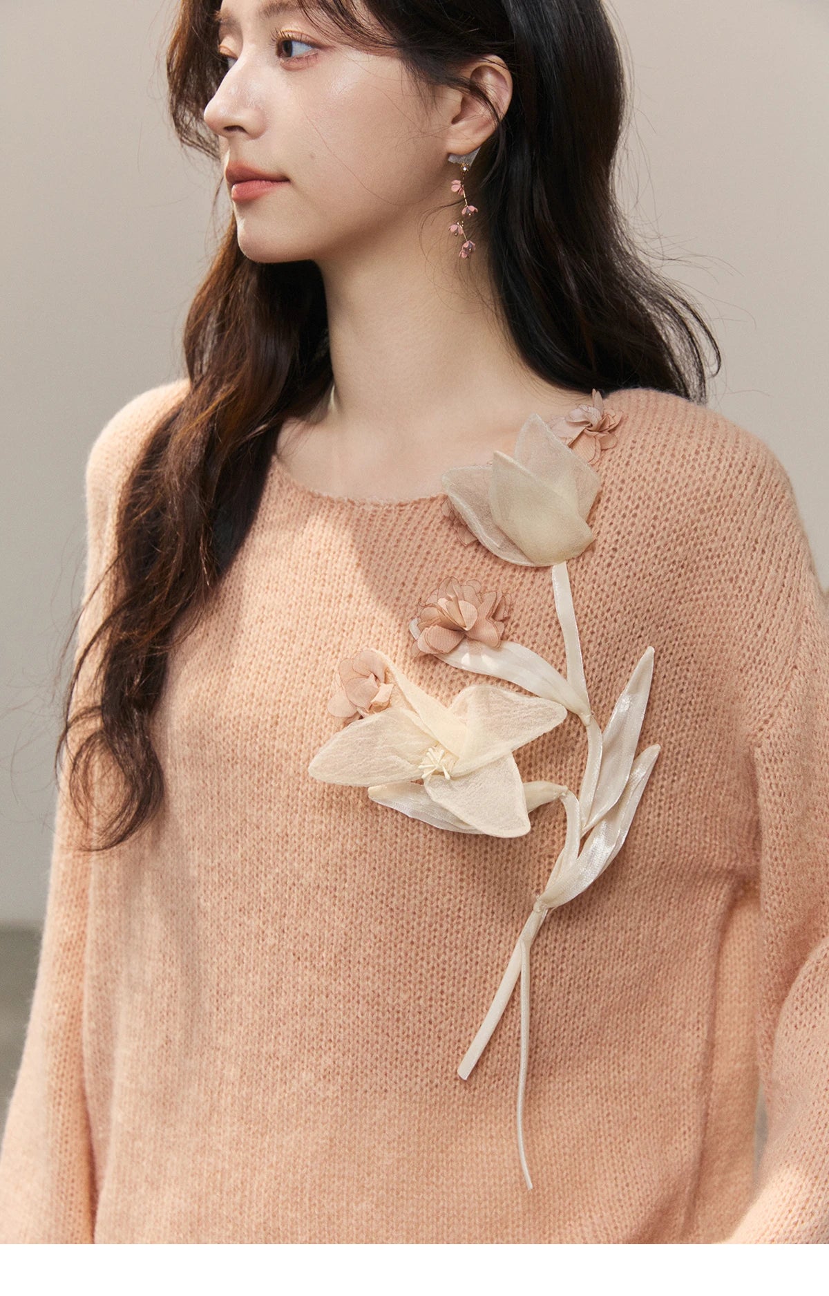 Mishow Pinkish Beige 3D Floral Applique Crew Neck Sweater MXE47Z2649