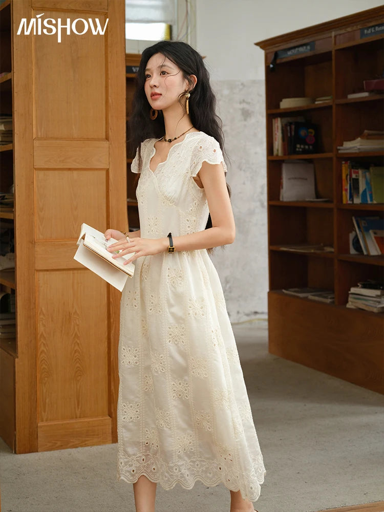 Mishow Flying Sleeve V-Neck Hollow Embroidered Dress MXE39L2404