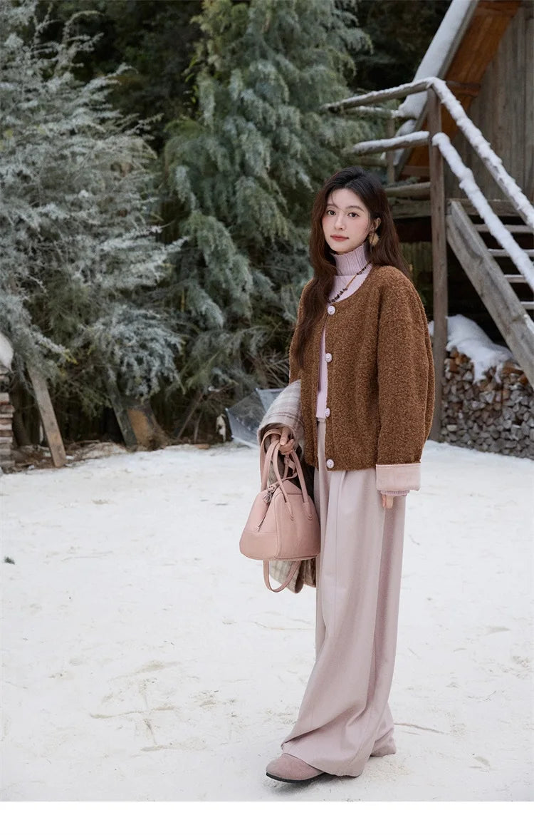 MISHOW Brown Wool Quilted Coat Round Neck Short Loose MXE87W0935