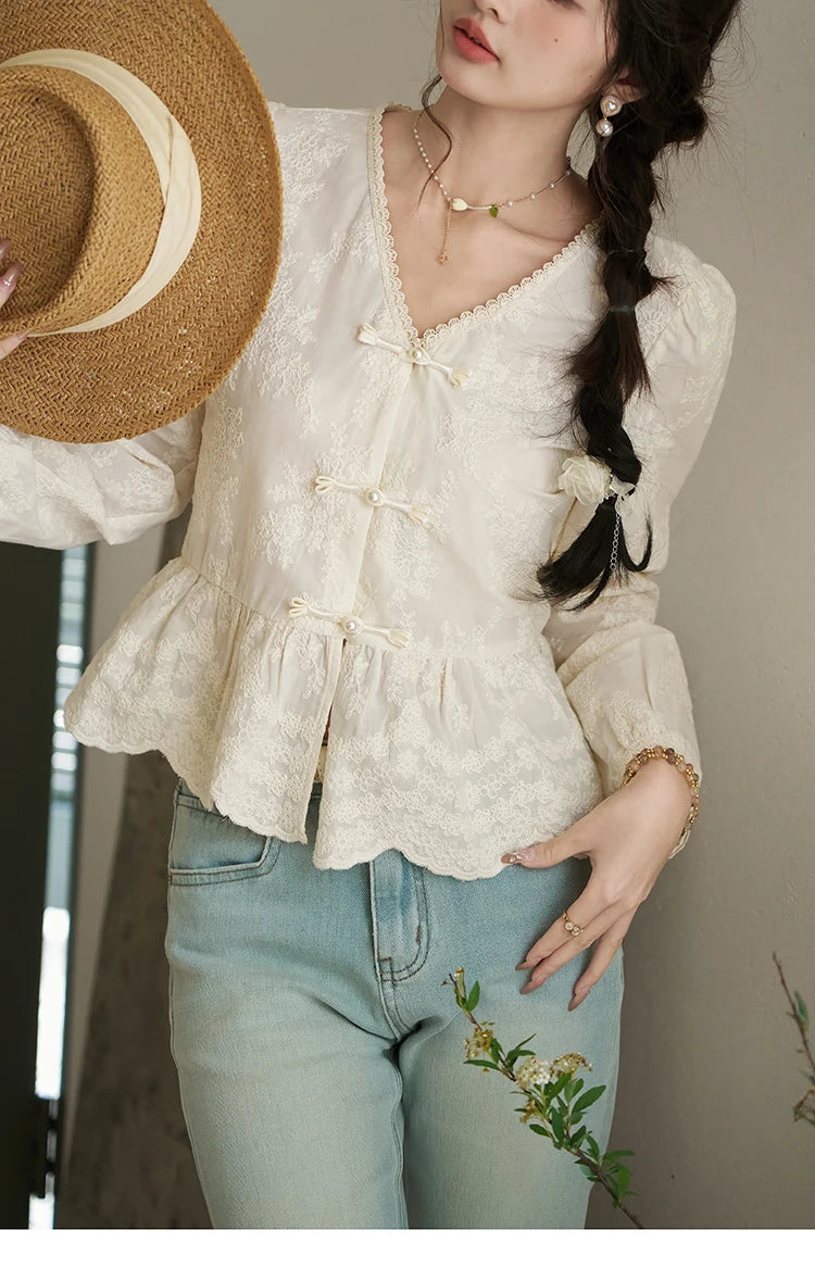 MISHOW Chinese Lace Blouse V-Neck Embroidery MXD14X1433